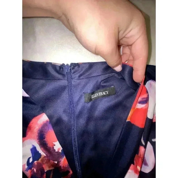 Ellen Tracy Blue Floral A Line Dress Lined Short Sleeve - Picture 5 of 11